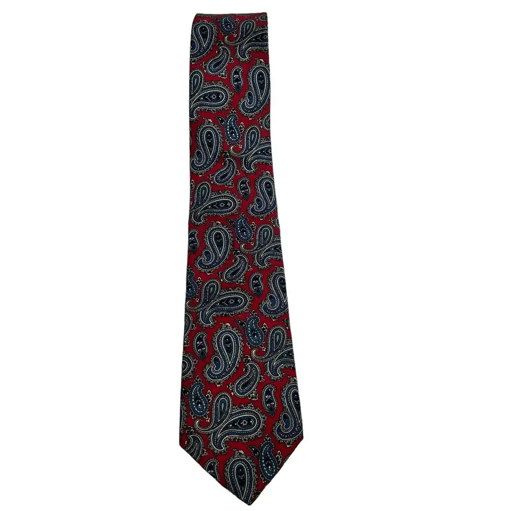 417 by Van Heusen Tie Red Blue Paisley Classic Pointed Red Blue Silk Necktie